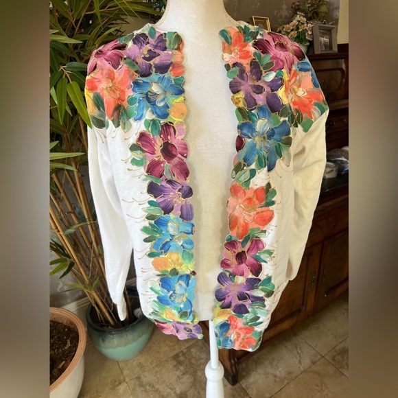 Sweatshirt turned cardigan, hand, painted long sleeve, large,  unique colorful - Picture 6 of 10